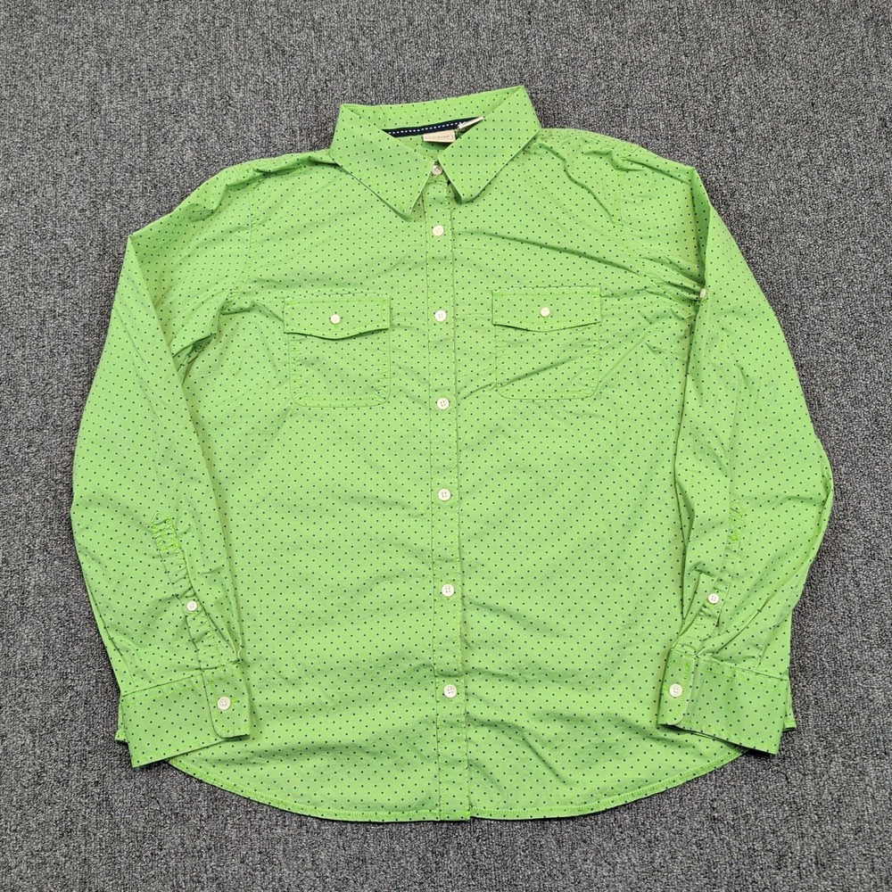 LL‎ Bean Classic Polka Dot Button Down Shirt XL Green Cotton Stretch Workwear